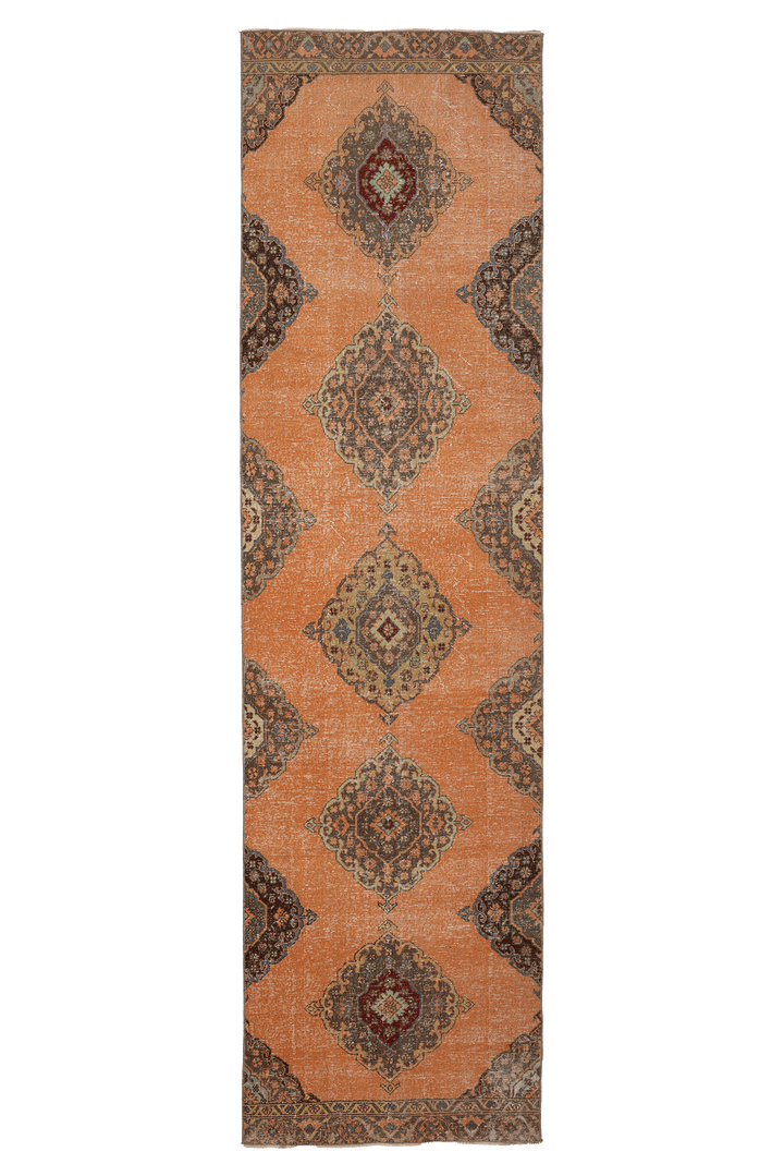 Vintage Konya Turkish Runner Rug 3x12 ft — Orange & Brown Geometric (No. 25086)