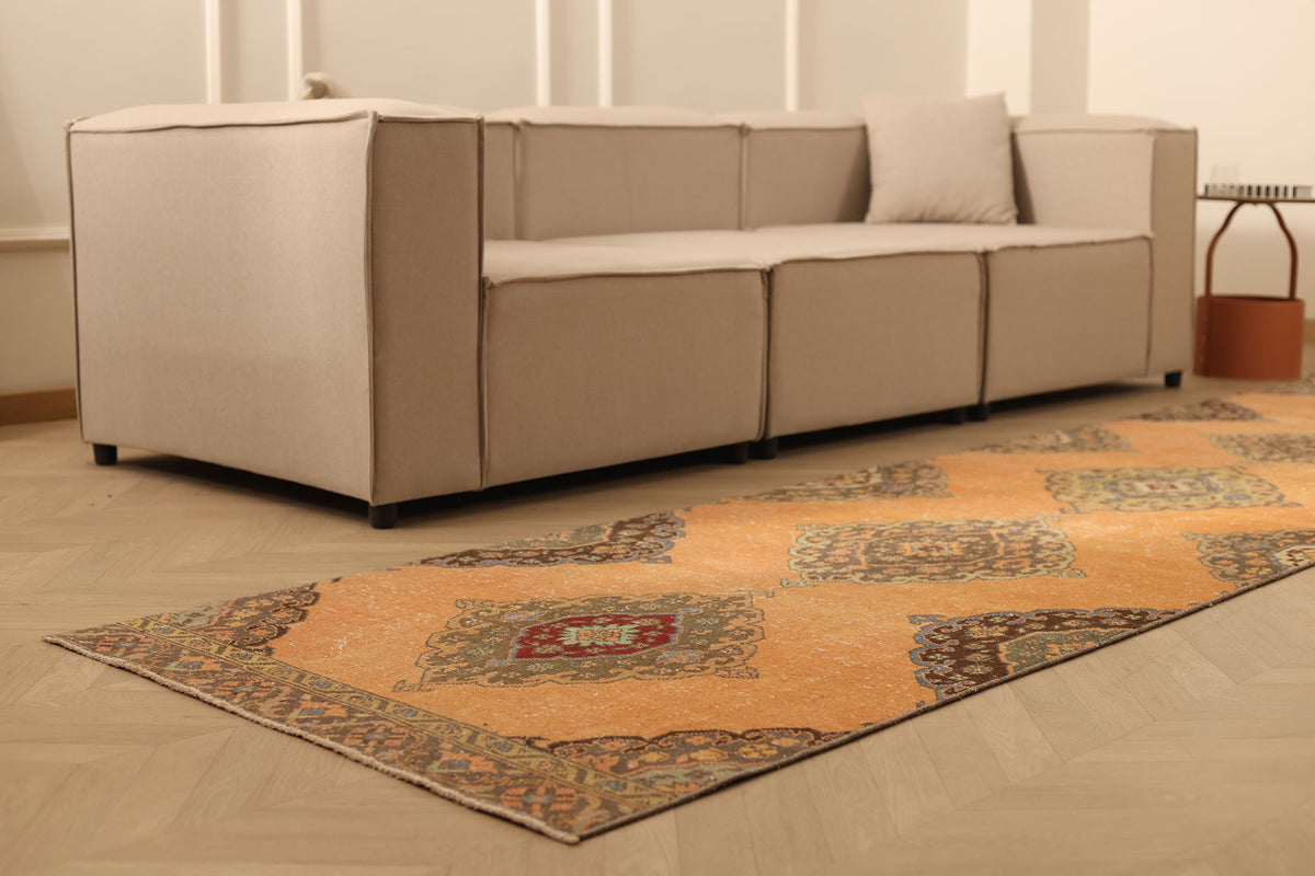 Vintage Konya Turkish Runner Rug 3x12 ft — Orange & Brown Geometric (No. 25086)
