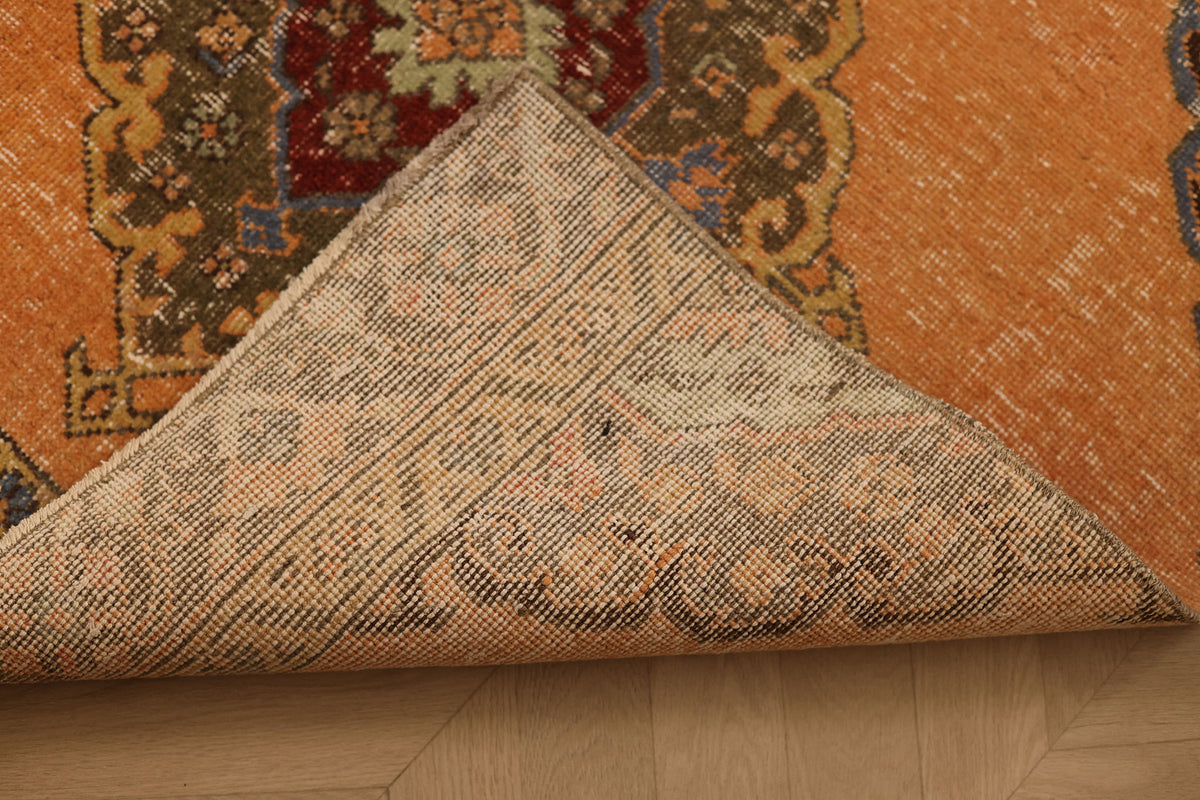 Vintage Konya Turkish Runner Rug 3x12 ft — Orange & Brown Geometric (No. 25086)