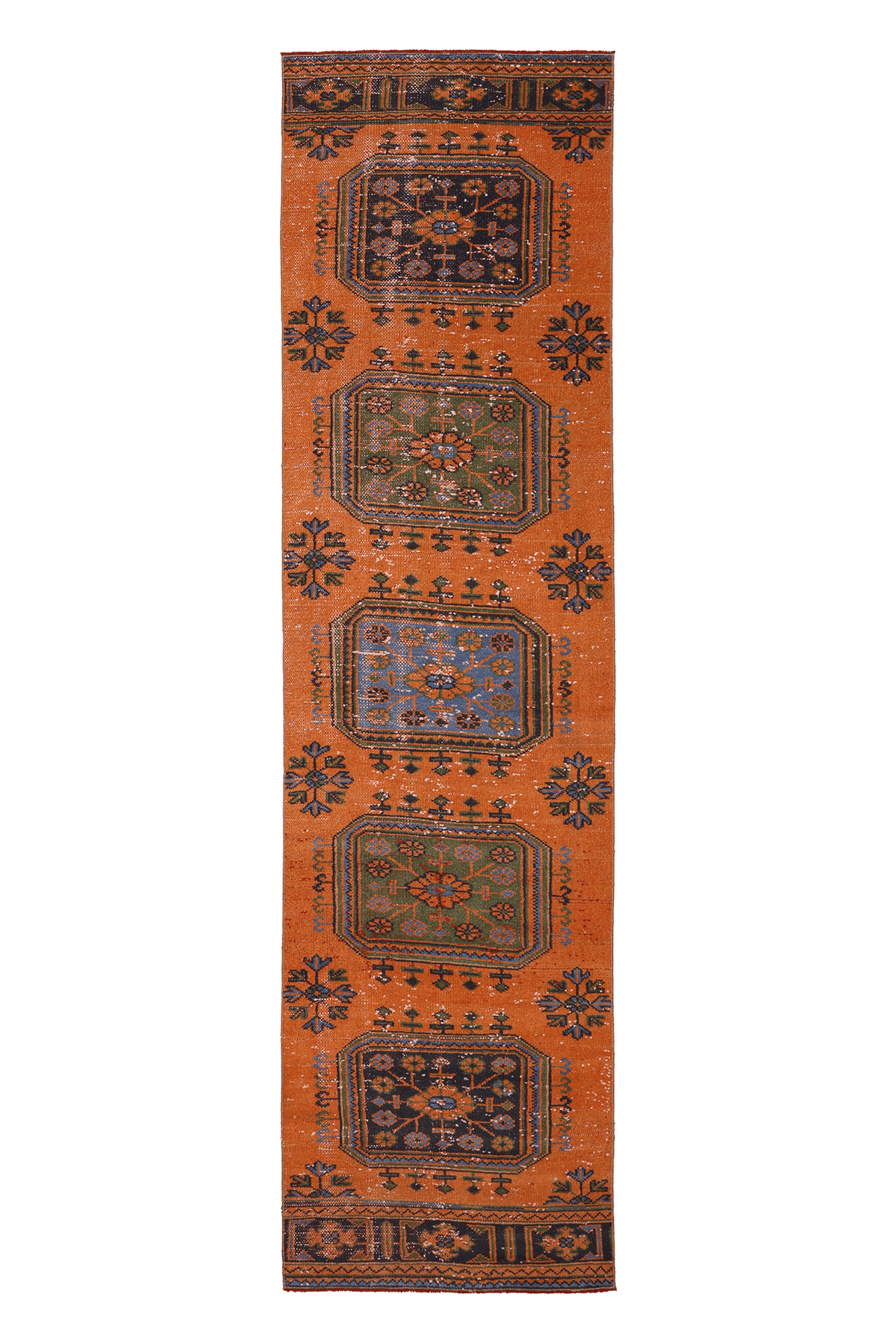 Vintage Konya Turkish Runner Rug 2x11 ft — Orange & Green Geometric (No. 25087)