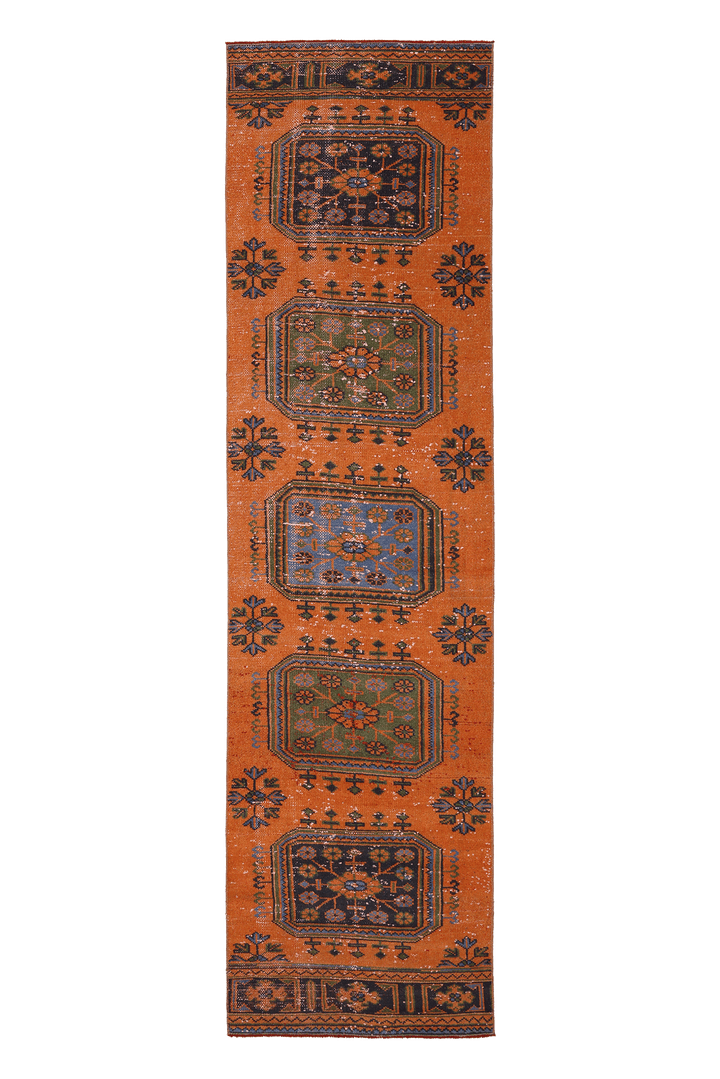 Vintage Konya Turkish Runner Rug 2x11 ft — Orange & Green Geometric (No. 25087)