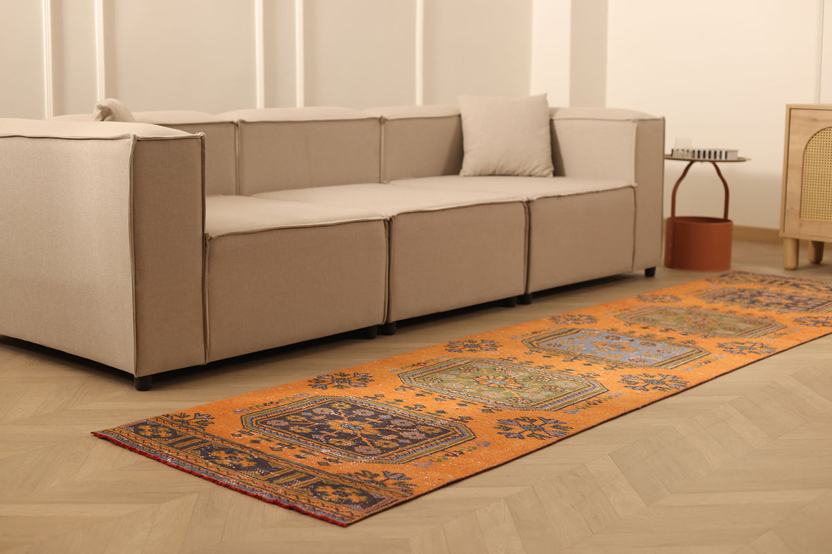 Vintage Konya Turkish Runner Rug 2x11 ft — Orange & Green Geometric (No. 25087)
