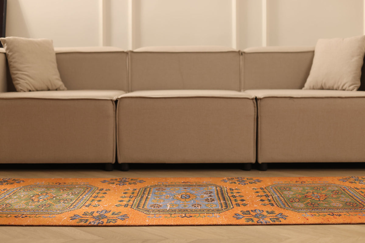 Vintage Konya Turkish Runner Rug 2x11 ft — Orange & Green Geometric (No. 25087)