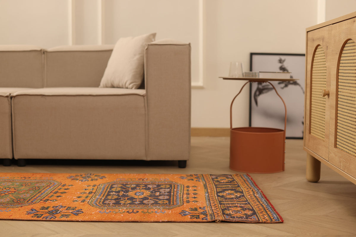 Vintage Konya Turkish Runner Rug 2x11 ft — Orange & Green Geometric (No. 25087)