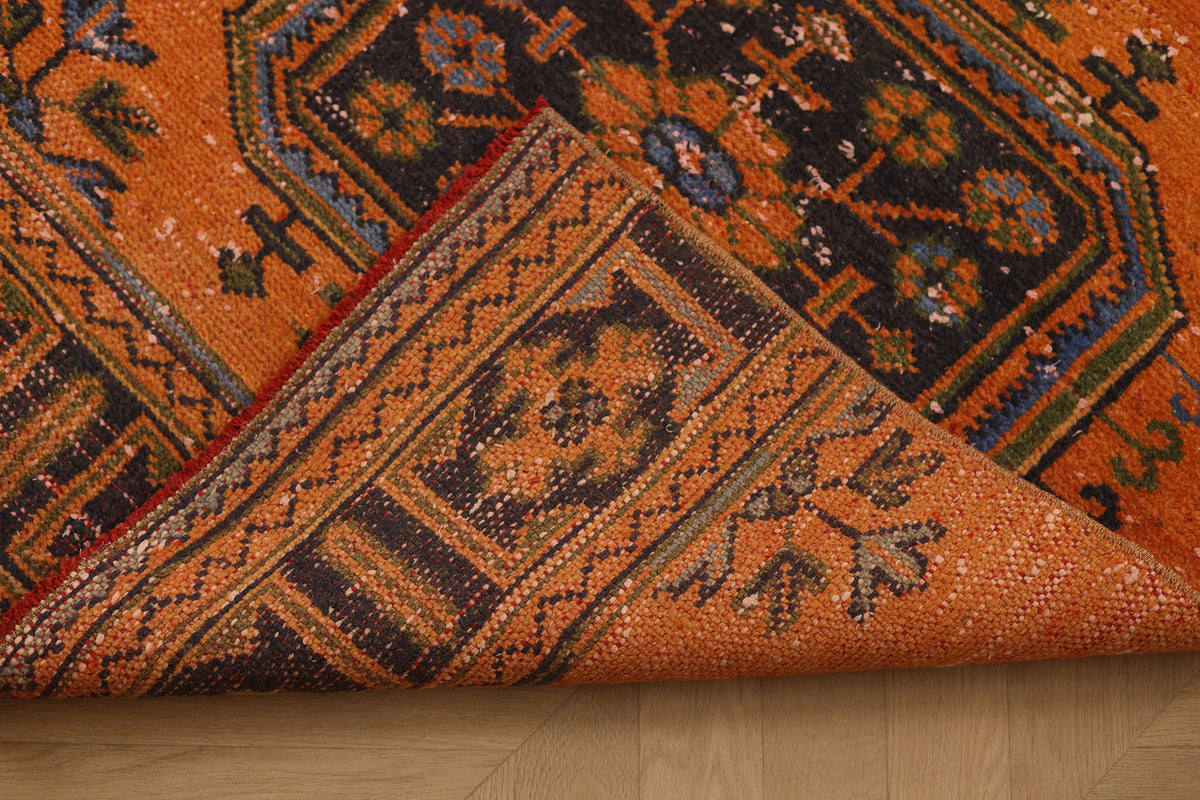 Vintage Konya Turkish Runner Rug 2x11 ft — Orange & Green Geometric (No. 25087)