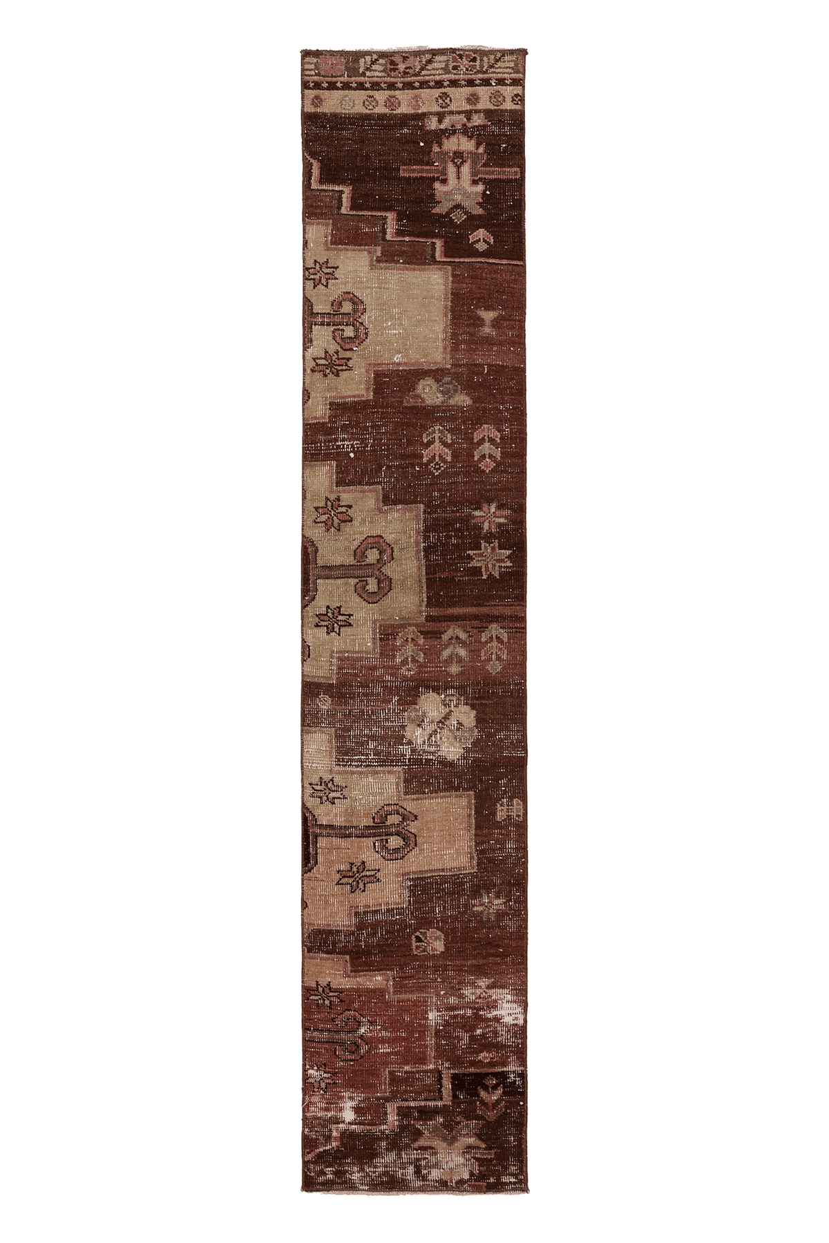 Vintage Kars Turkish Runner Rug 1x8 ft — Brown & Beige Distressed