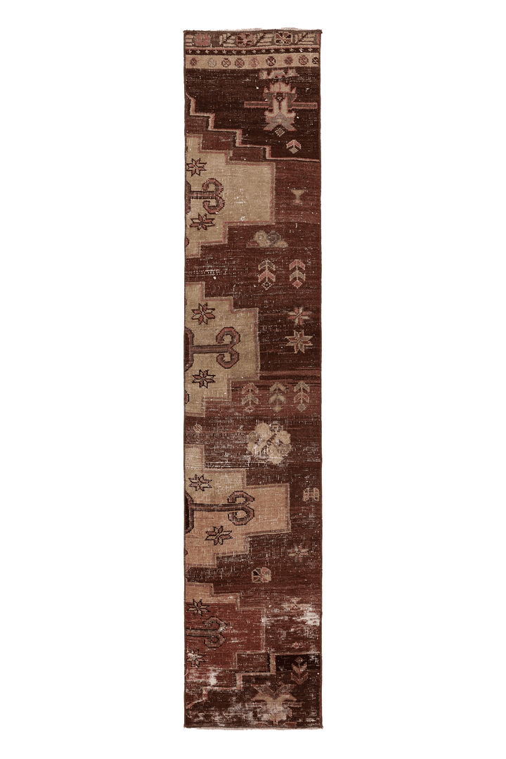 Vintage Kars Turkish Runner Rug 1x8 ft — Brown & Beige Distressed