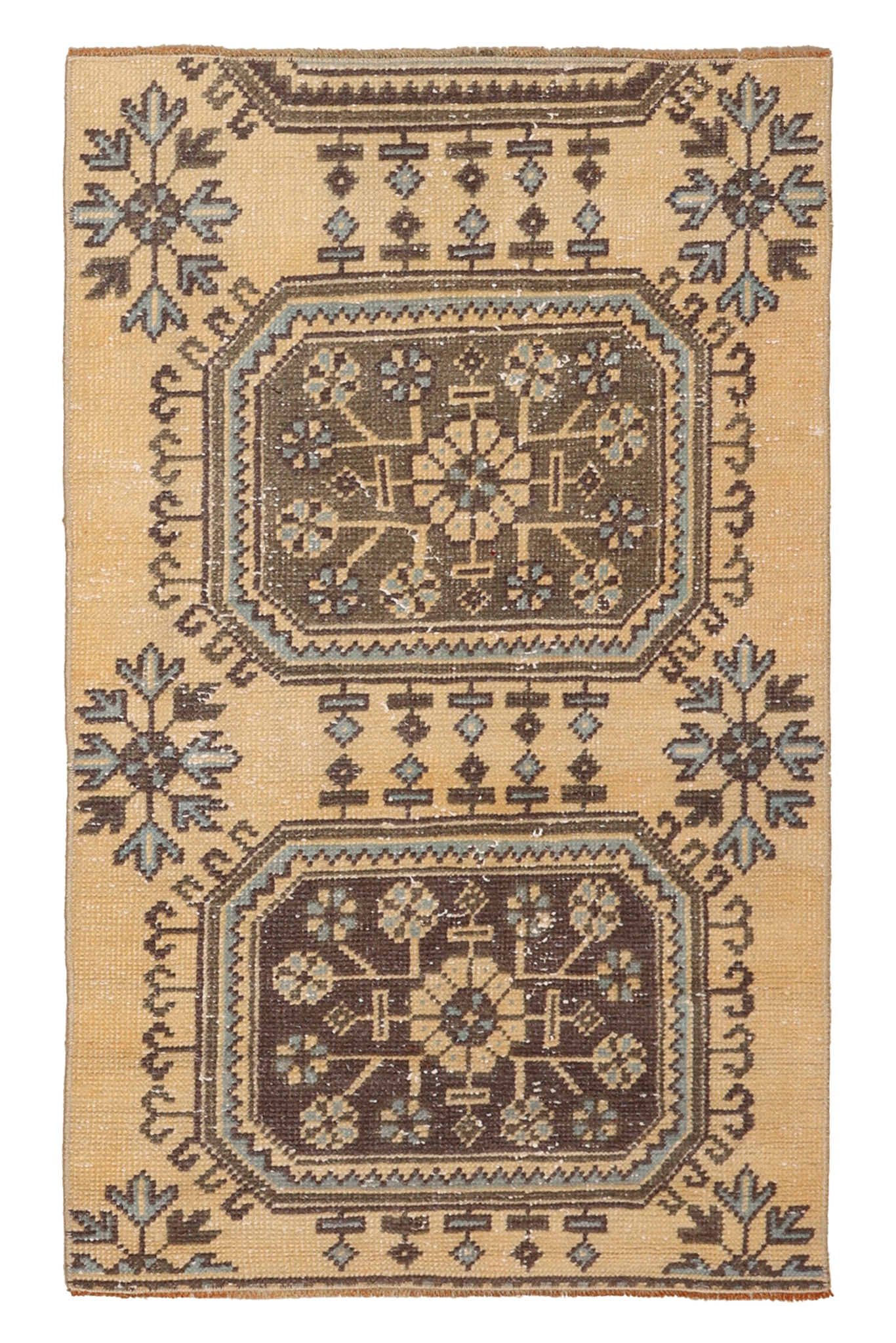 Vintage Konya Turkish Doormat 2x4 ft — Beige & Brown Geometric