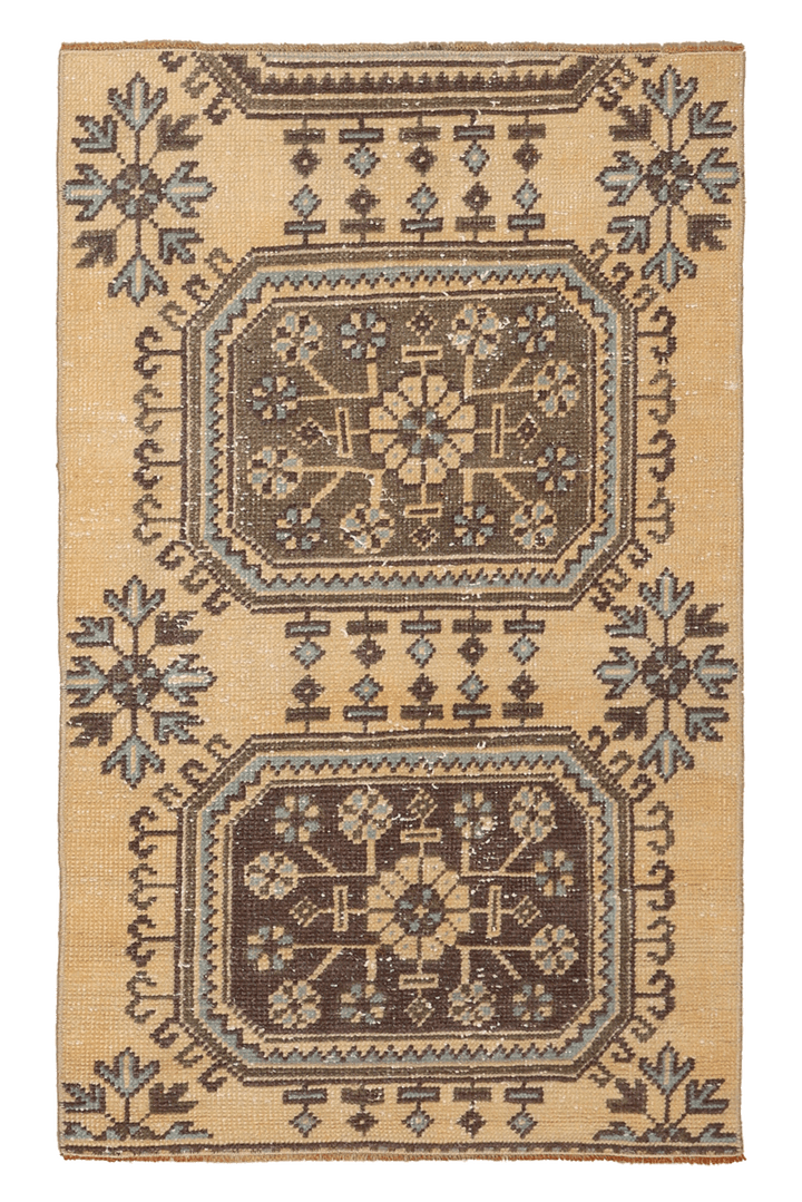 Vintage Konya Turkish Doormat 2x4 ft — Beige & Brown Geometric
