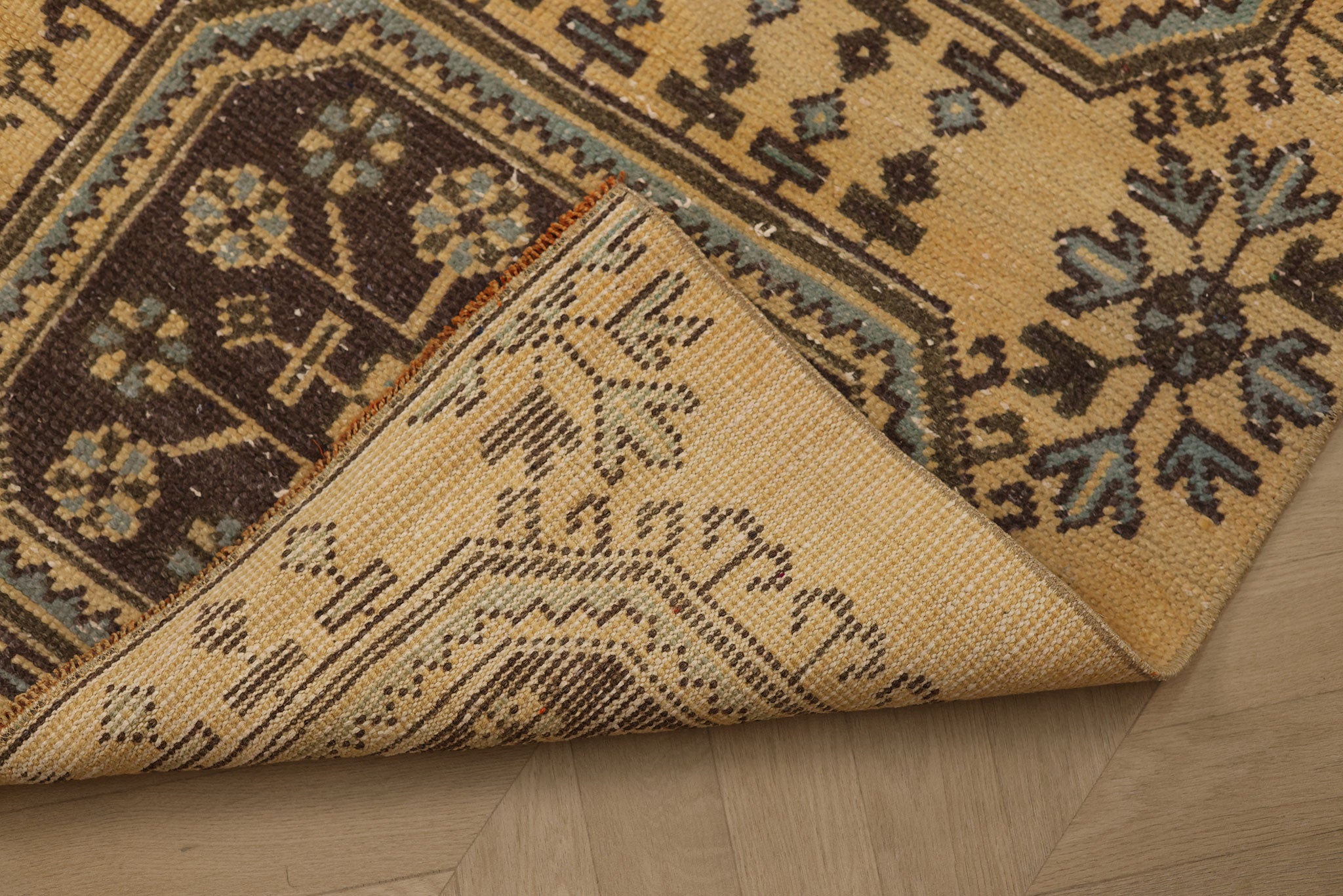 Vintage Konya Turkish Doormat 2x4 ft — Beige & Brown Geometric