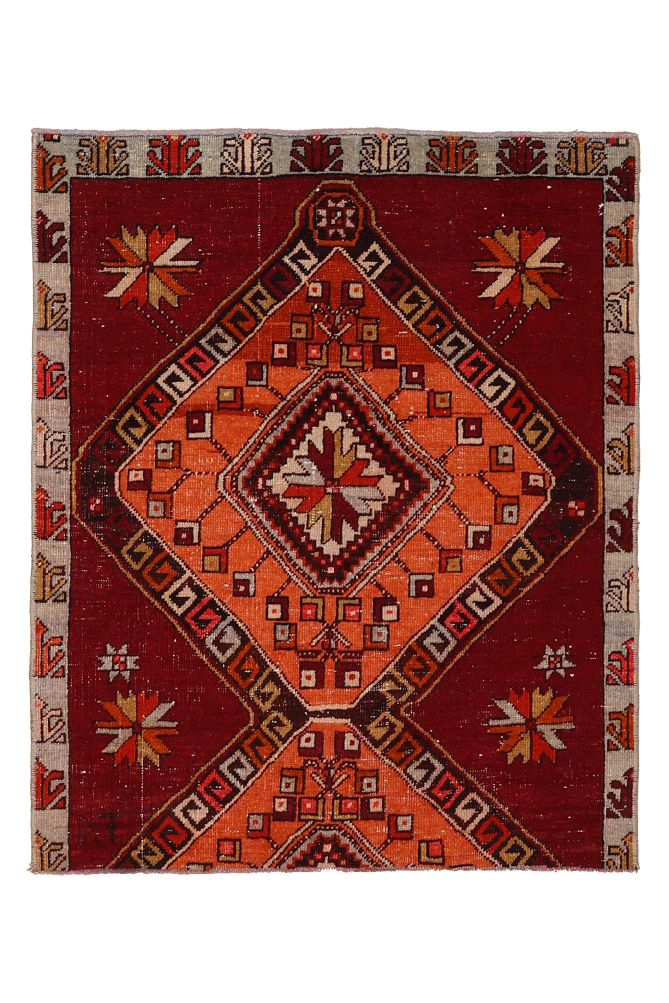 Vintage Malatya Turkish Doormat 2x3 ft — Red & Orange Geometric