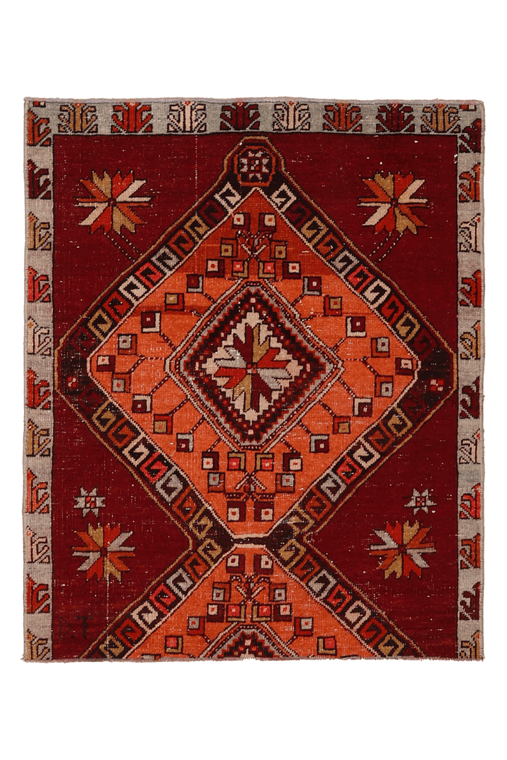 Vintage Malatya Turkish Doormat 2x3 ft — Red & Orange Geometric
