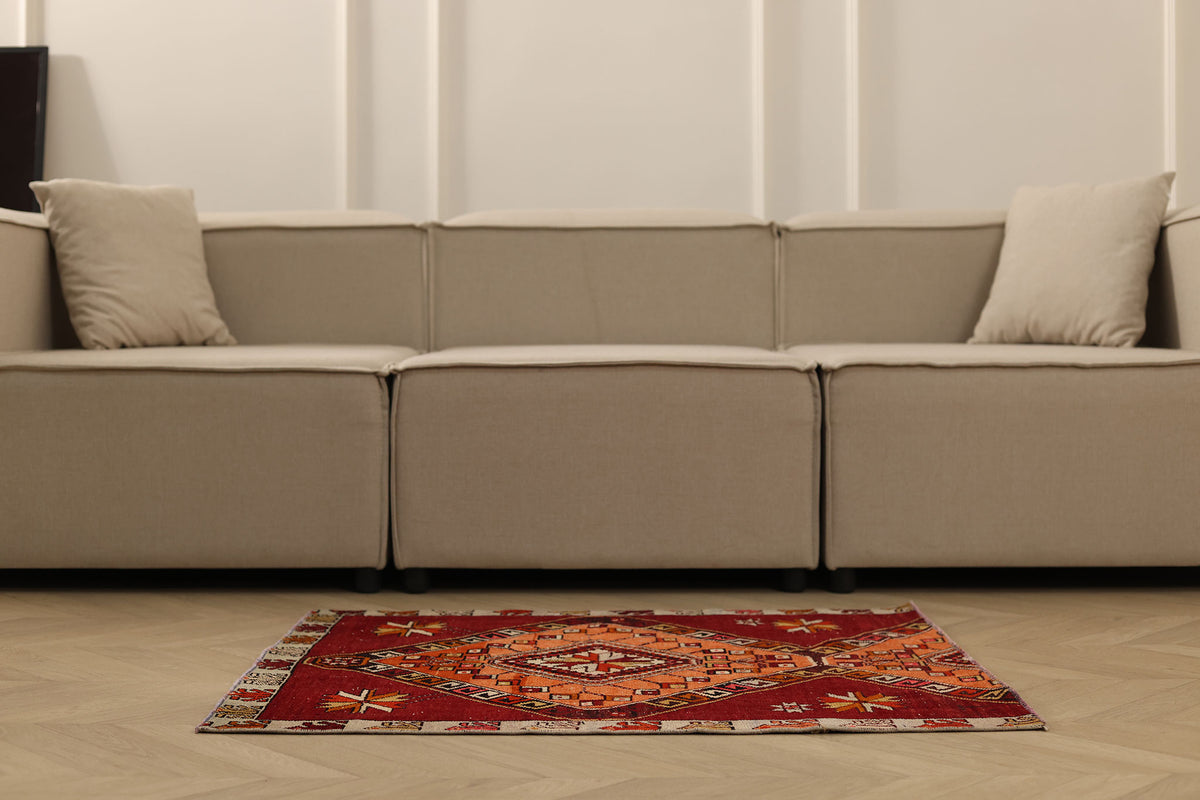 Vintage Malatya Turkish Doormat 2x3 ft — Red & Orange Geometric