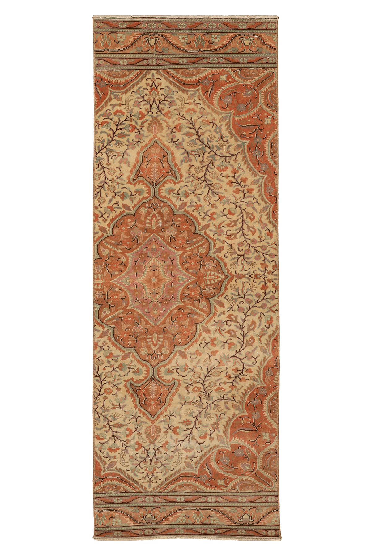 Vintage Kayseri Turkish Runner Rug 2x6 ft — Beige & Red Floral