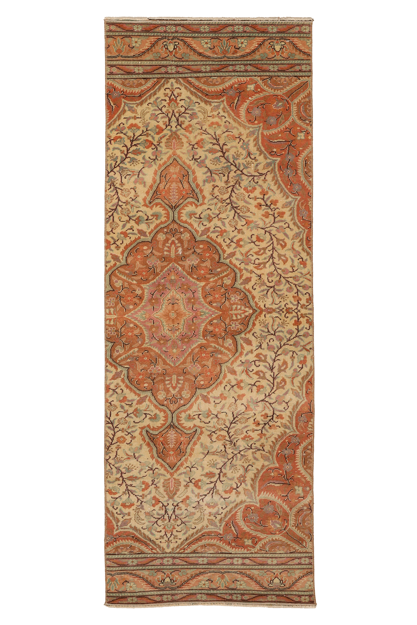 Vintage Kayseri Turkish Runner Rug 2x6 ft — Beige & Red Floral