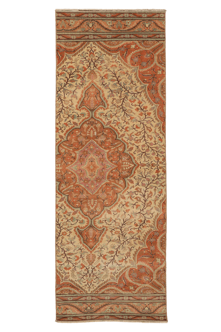 Vintage Kayseri Turkish Runner Rug 2x6 ft — Beige & Red Floral