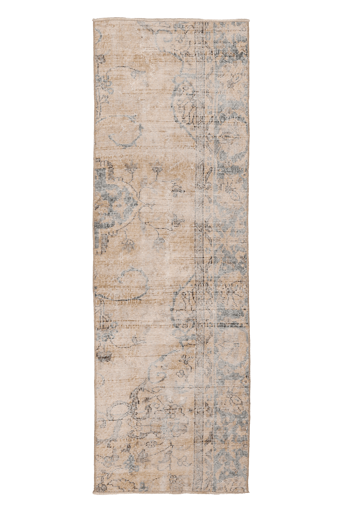 Vintage Isparta Turkish Runner Rug 2x7 ft — Beige & Blue Distressed