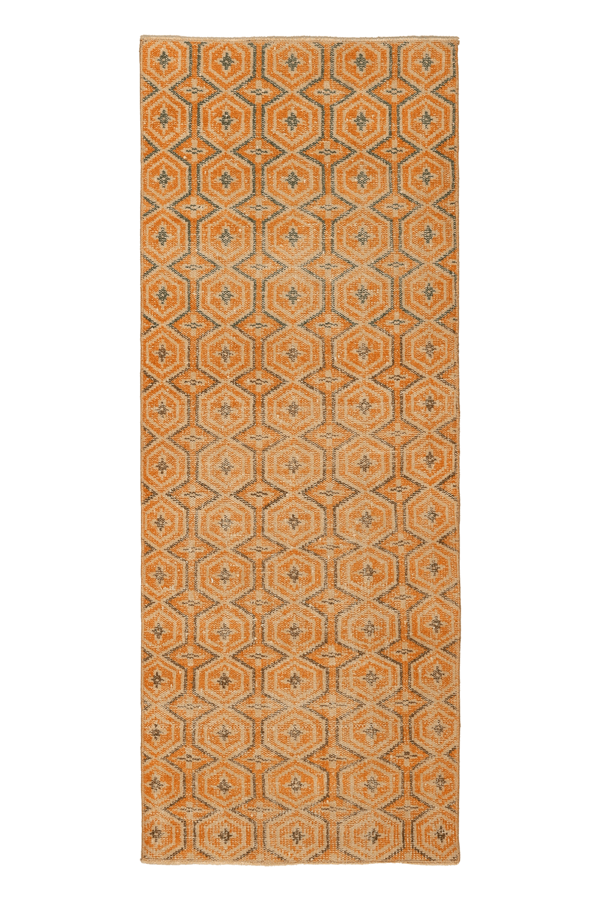 Vintage Manisa Turkish Runner Rug 2x6 ft — Orange & Beige Geometric