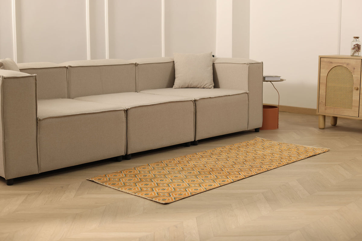 Vintage Manisa Turkish Runner Rug 2x6 ft — Orange & Beige Geometric