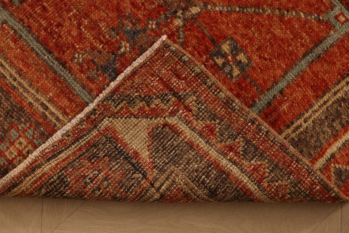 Vintage Malatya Turkish Area Rug 2x5 ft — Red & Brown Geometric