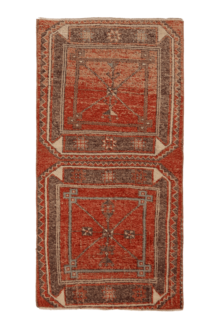 Vintage Malatya Turkish Area Rug 2x5 ft — Red & Brown Geometric