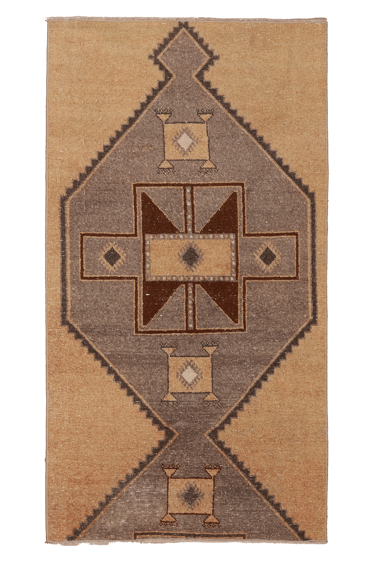 Vintage Malatya Turkish Runner Rug 3x5 ft — Beige & Brown Geometric