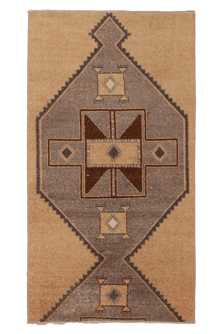 Vintage Malatya Turkish Runner Rug 3x5 ft — Beige & Brown Geometric