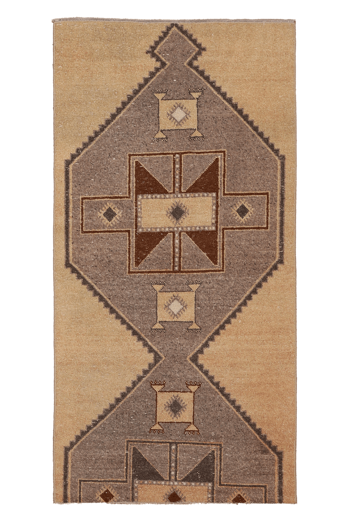 Vintage Malatya Turkish Runner Rug 3x6 ft — Beige & Brown Geometric