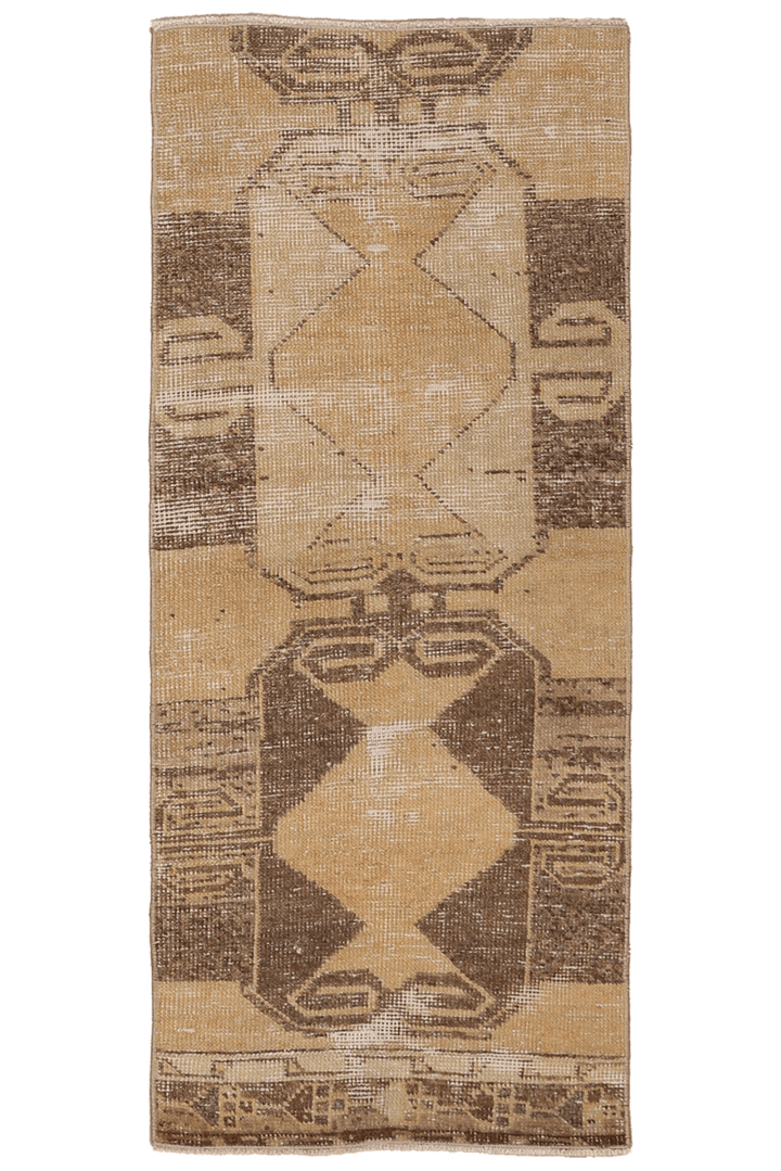 Vintage Malatya Turkish Runner Rug 2x4 ft — Beige & Brown Geometric