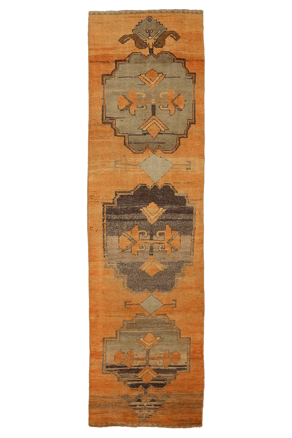 Vintage Sivas Turkish Runner Rug 2x9 ft — Orange & Gray Geometric
