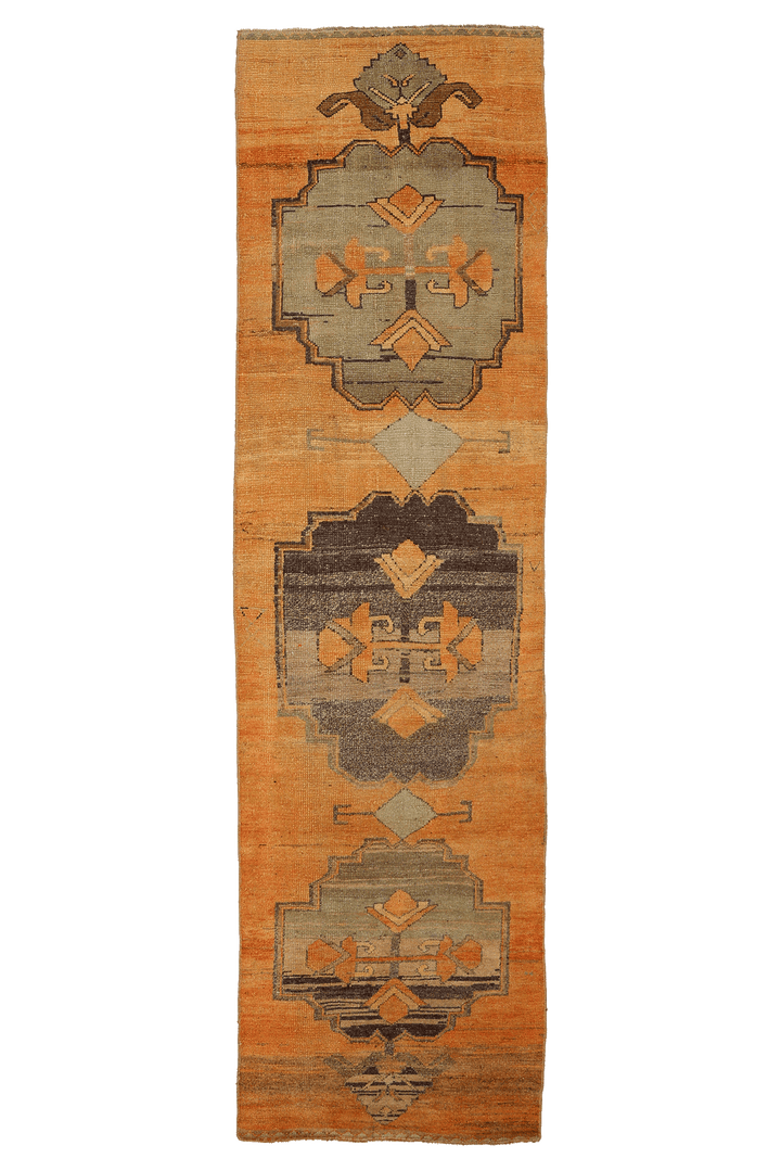 Vintage Sivas Turkish Runner Rug 2x9 ft — Orange & Gray Geometric