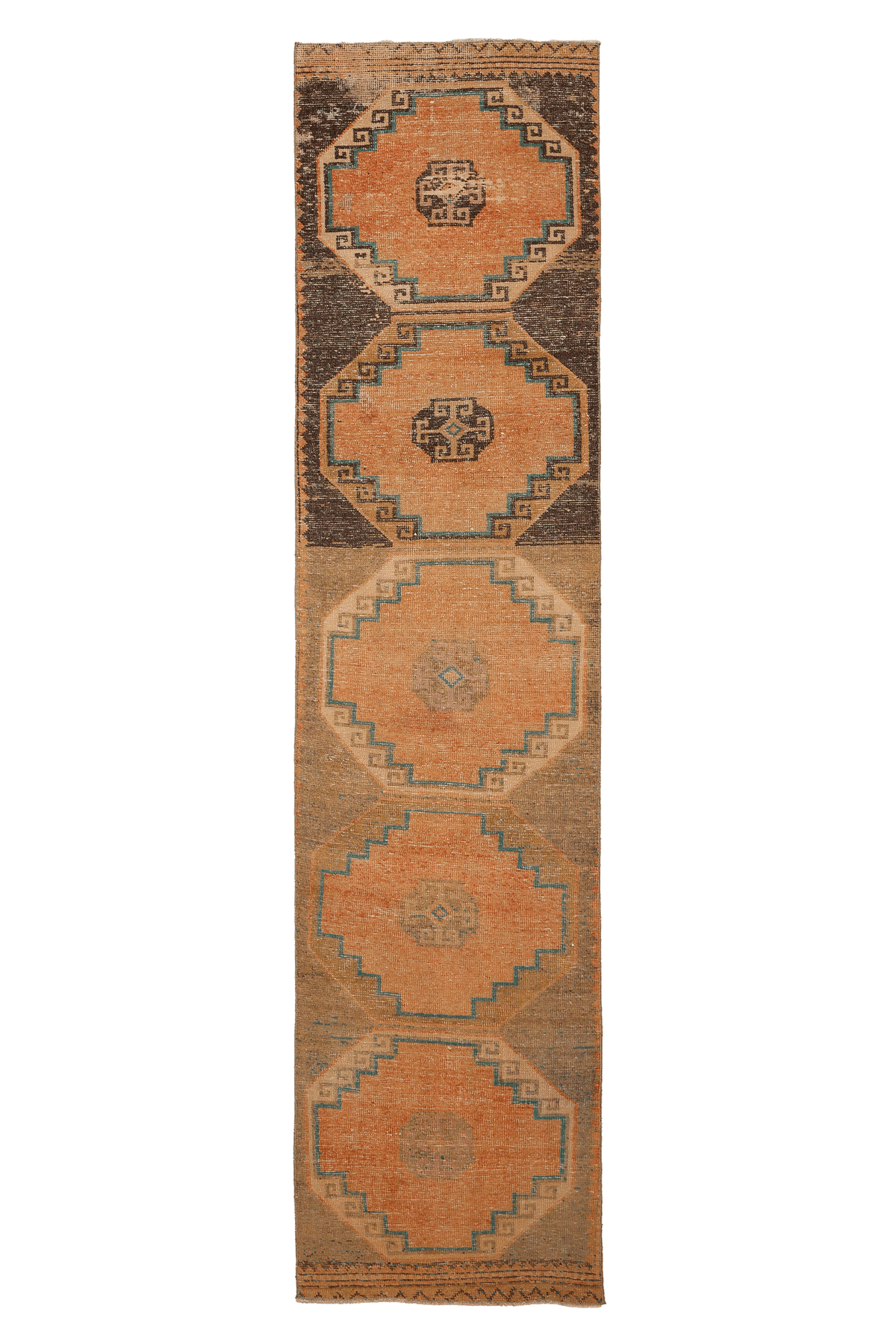 Vintage Malatya Turkish Runner Rug 2x11 ft — Orange & Brown Geometric (No. 25328)
