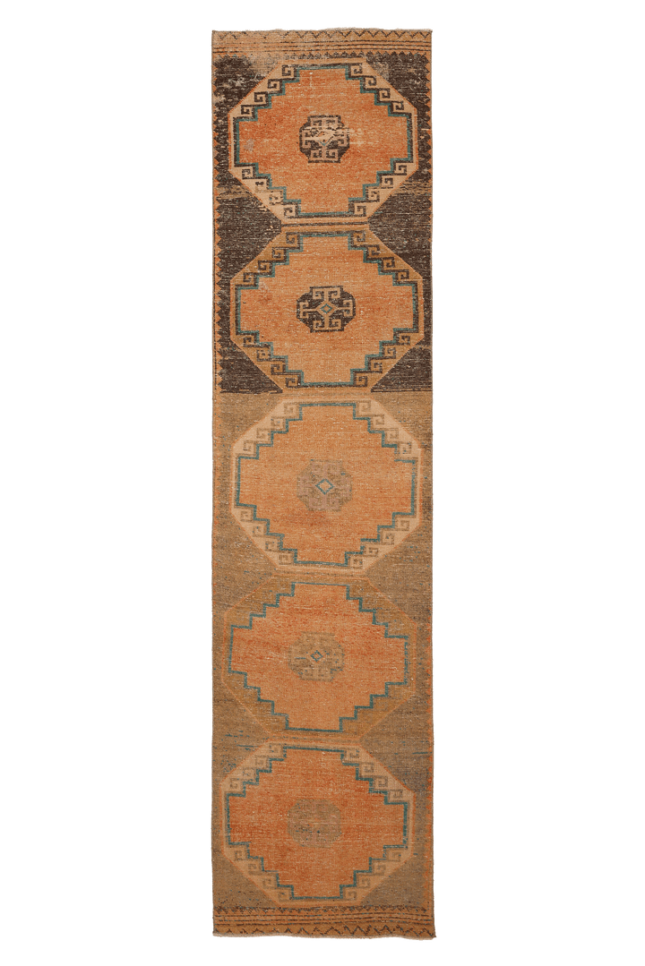 Vintage Malatya Turkish Runner Rug 2x11 ft — Orange & Brown Geometric (No. 25328)