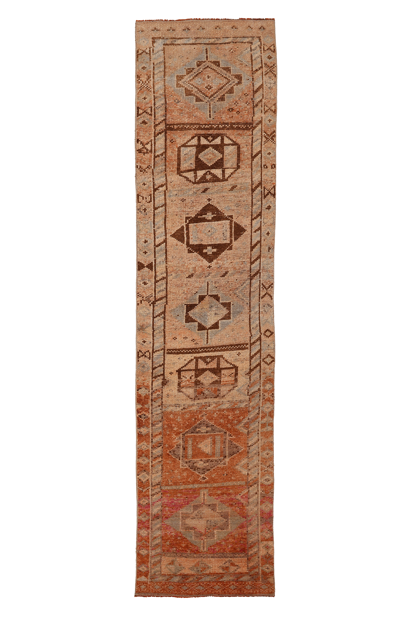 Vintage Malatya Turkish Runner Rug 2x11 ft — Orange & Brown Geometric (No. 25343)