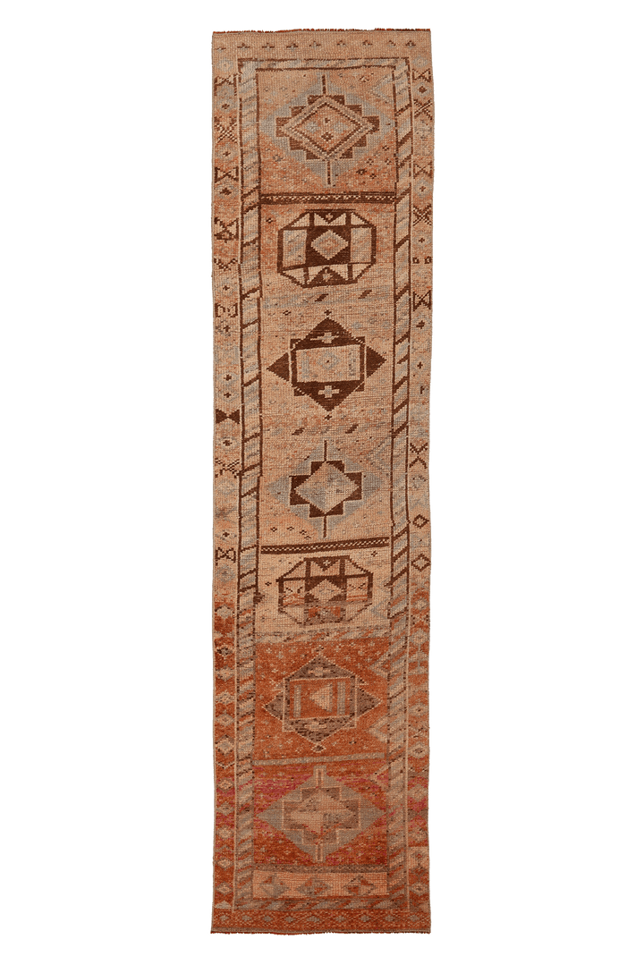 Vintage Malatya Turkish Runner Rug 2x11 ft — Orange & Brown Geometric (No. 25343)