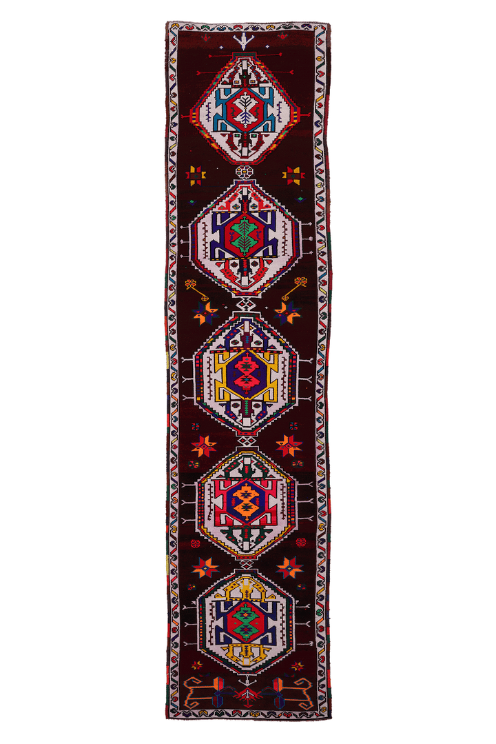 Vintage Southeastern Persian Style Runner Rug 3x12 ft — Brown & Red Geometric