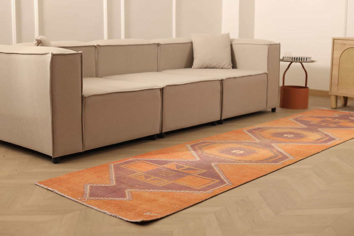 Vintage Malatya Turkish Runner Rug 2x11 ft — Orange & Brown Geometric (No. 25359)
