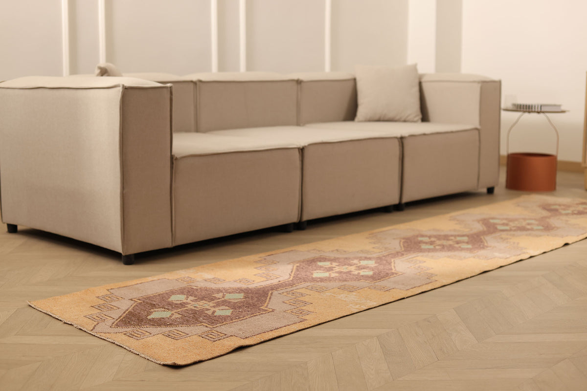 Vintage Malatya Turkish Runner Rug 2x11 ft — Beige & Brown Geometric (No. 25362)