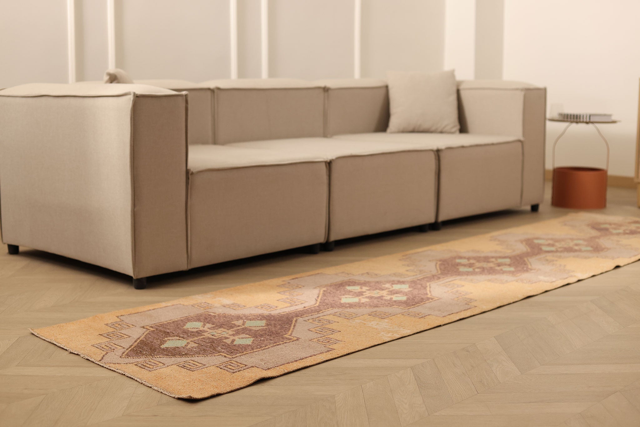 Vintage Malatya Turkish Runner Rug 2x11 ft — Beige & Brown Geometric (No. 25362)