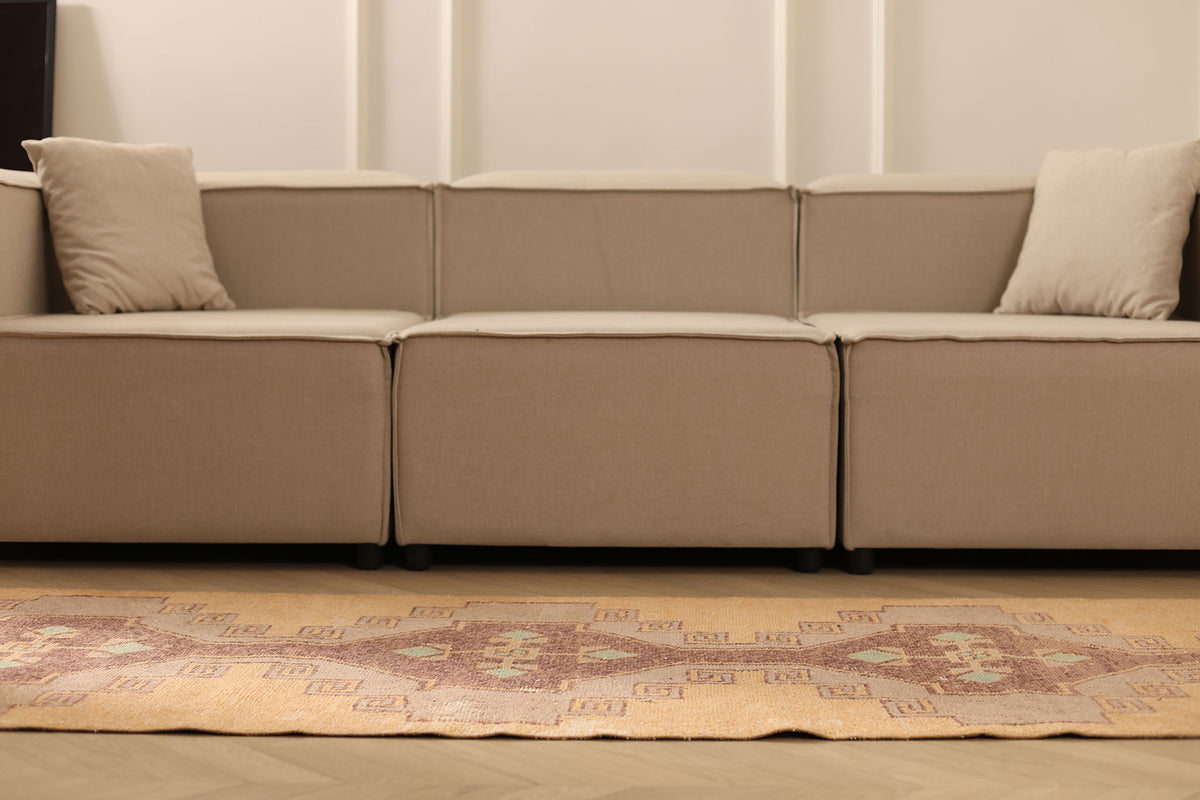 Vintage Malatya Turkish Runner Rug 2x11 ft — Beige & Brown Geometric (No. 25362)