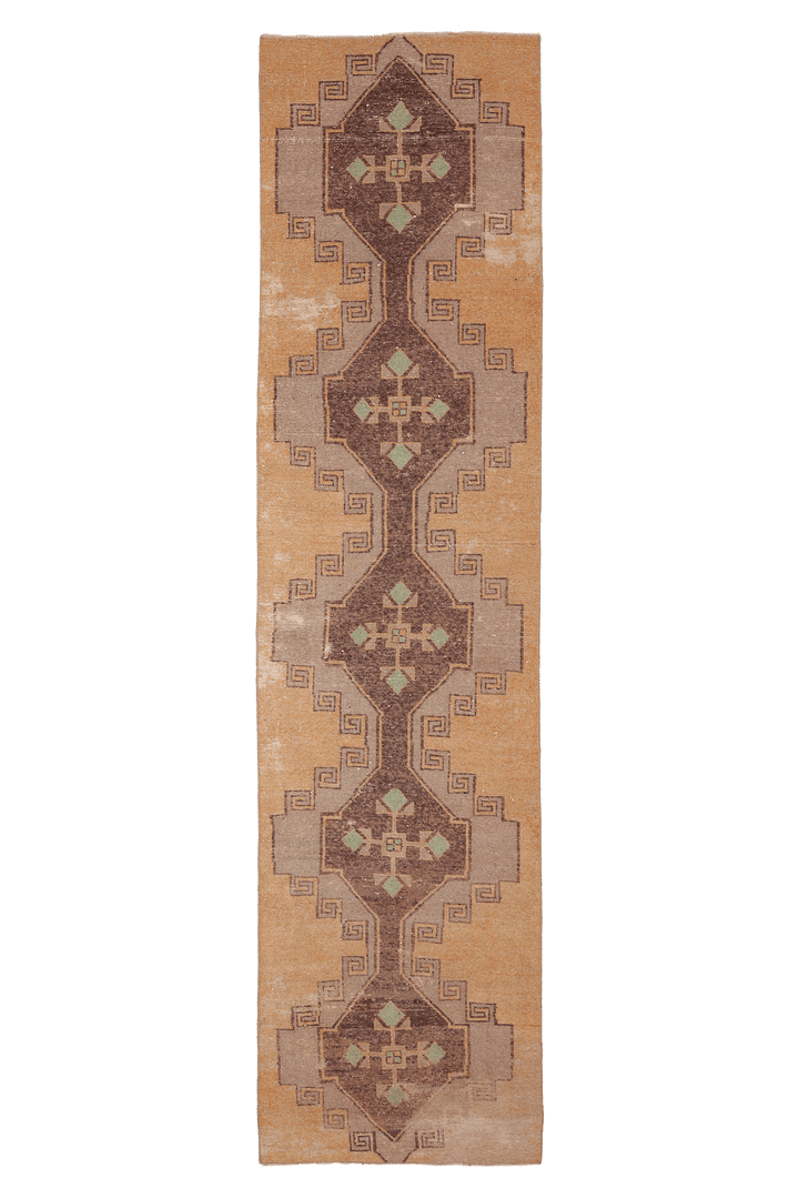 Vintage Malatya Turkish Runner Rug 2x11 ft — Beige & Brown Geometric (No. 25362)