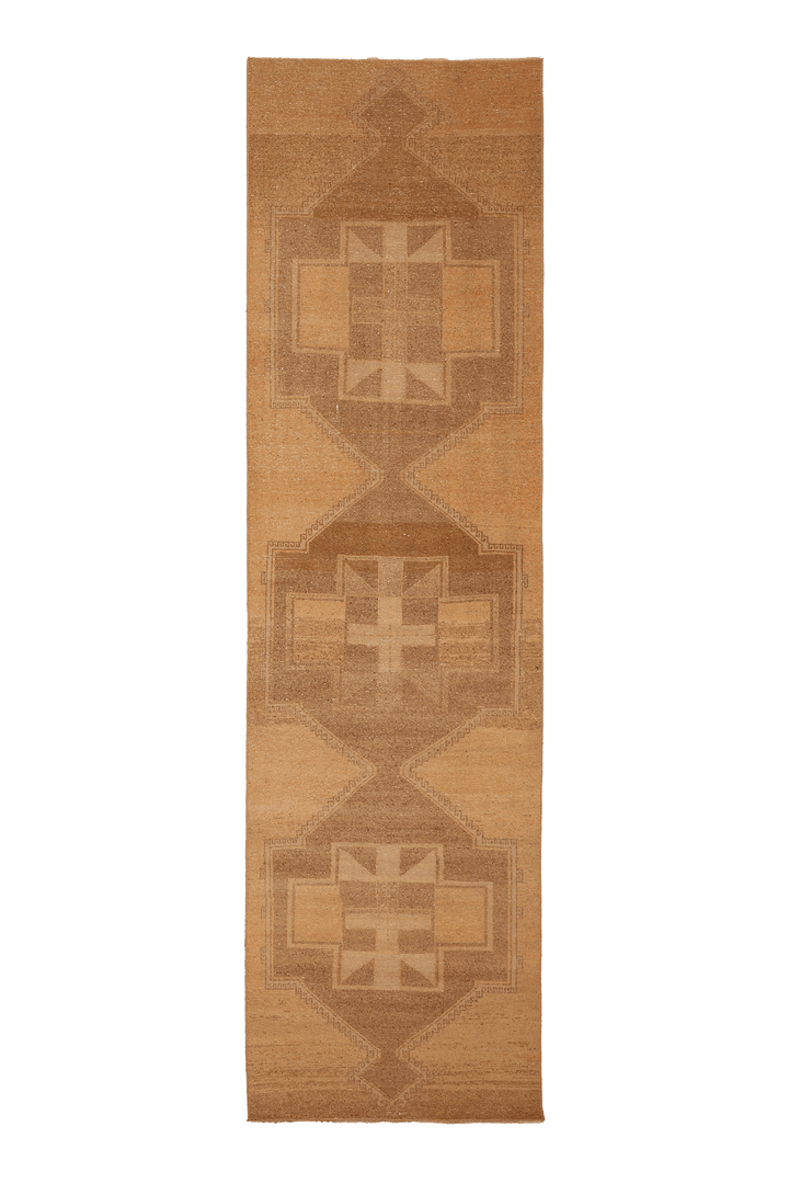 Vintage Malatya Turkish Runner Rug 3x12 ft — Beige & Brown Geometric