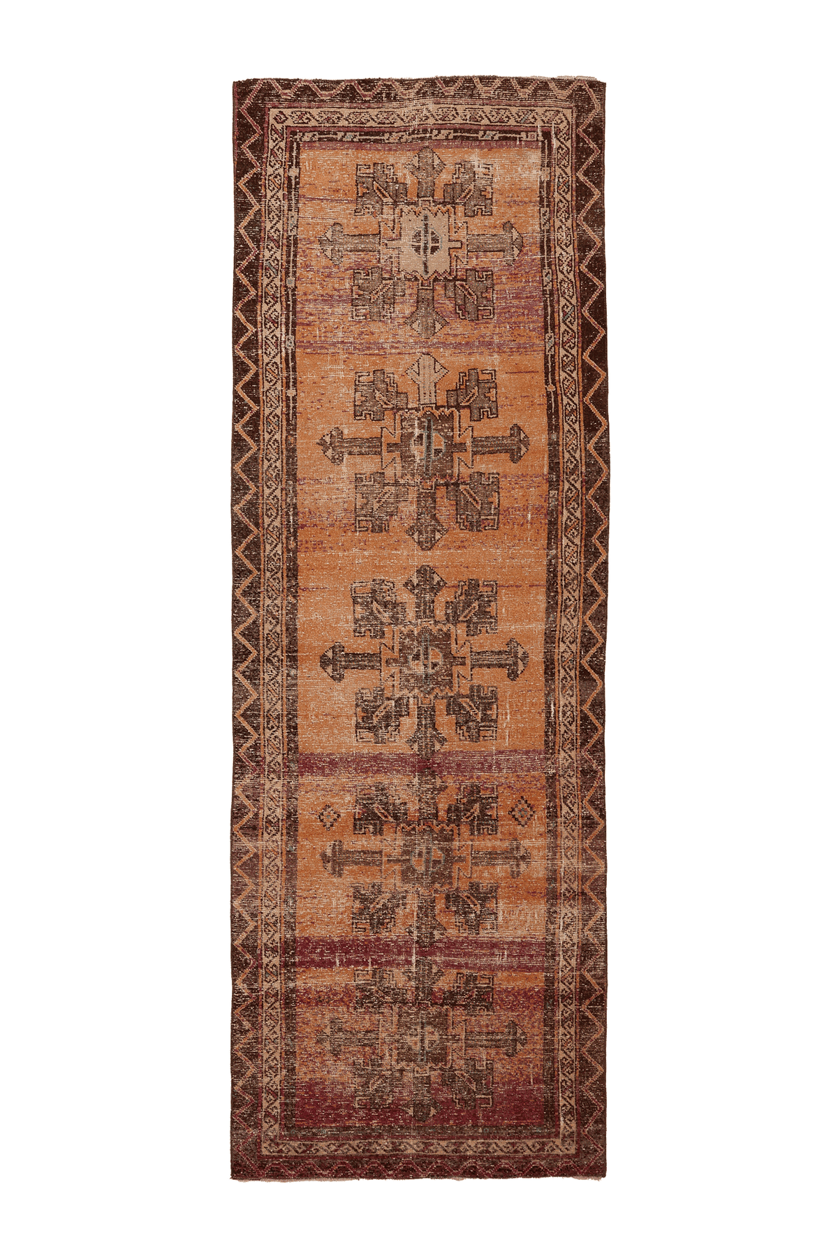 Vintage Malatya Turkish Runner Rug 3x10 ft — Orange & Brown Geometric