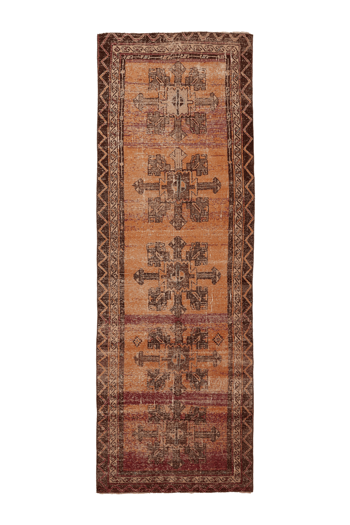 Vintage Malatya Turkish Runner Rug 3x10 ft — Orange & Brown Geometric