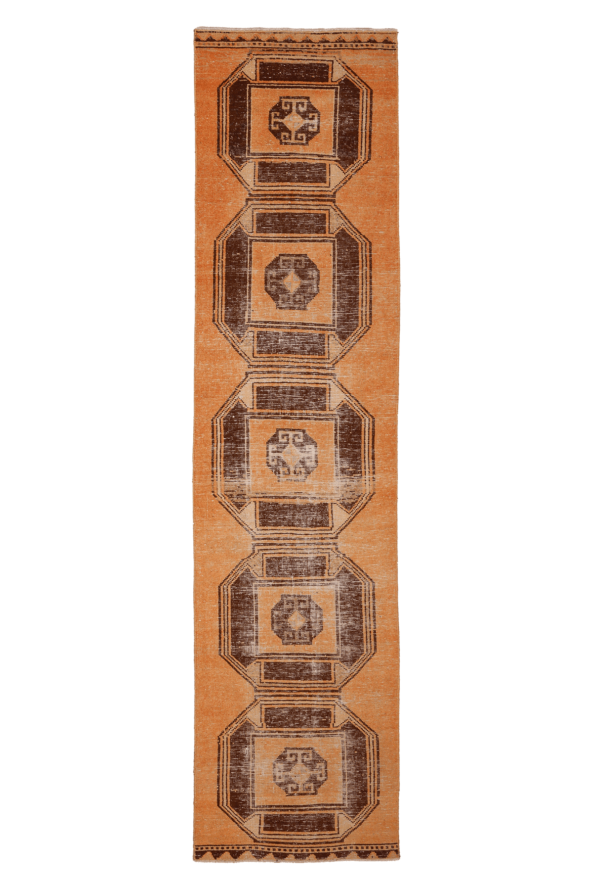 Vintage Malatya Turkish Runner Rug 3x11 ft — Orange & Brown Geometric