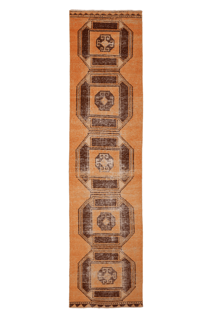 Vintage Malatya Turkish Runner Rug 3x11 ft — Orange & Brown Geometric