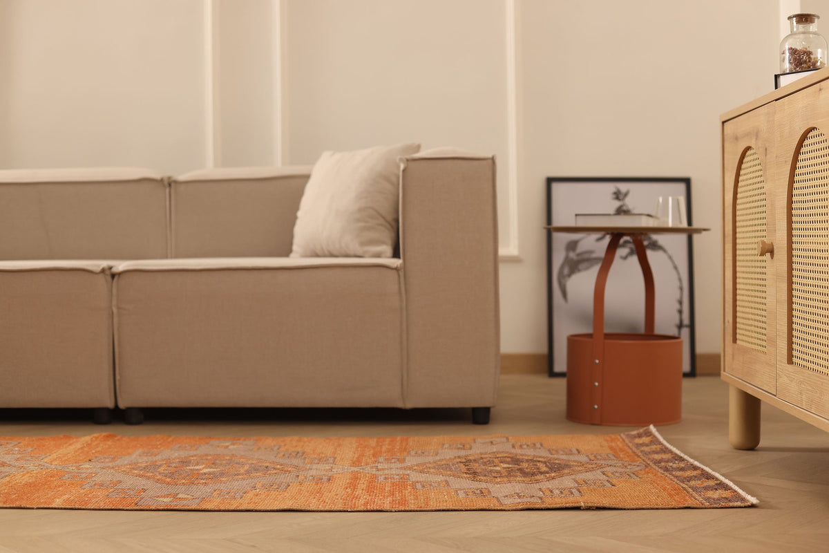 Vintage Malatya Turkish Runner Rug 3x12 ft — Orange & Brown Geometric
