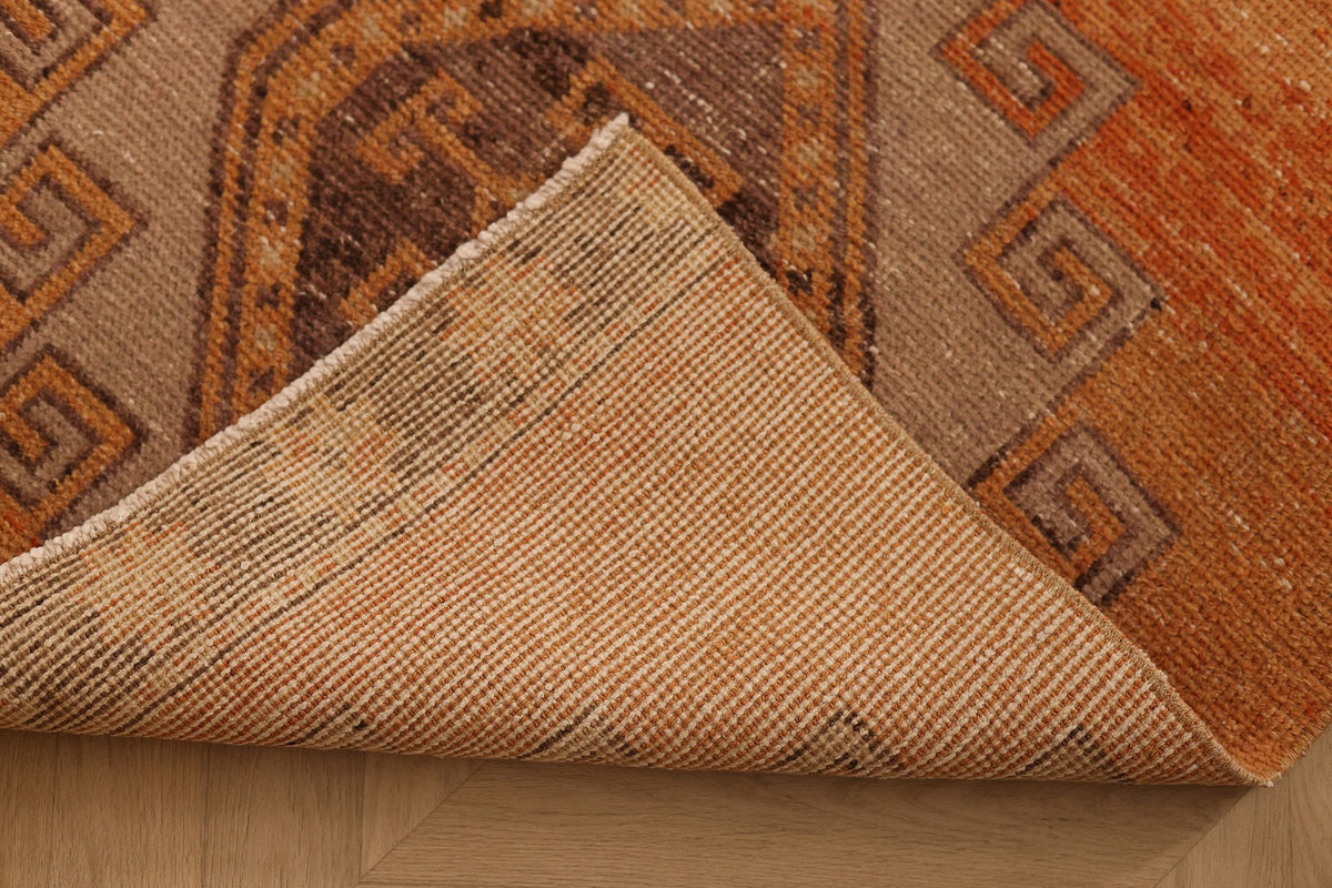 Vintage Malatya Turkish Runner Rug 3x12 ft — Orange & Brown Geometric