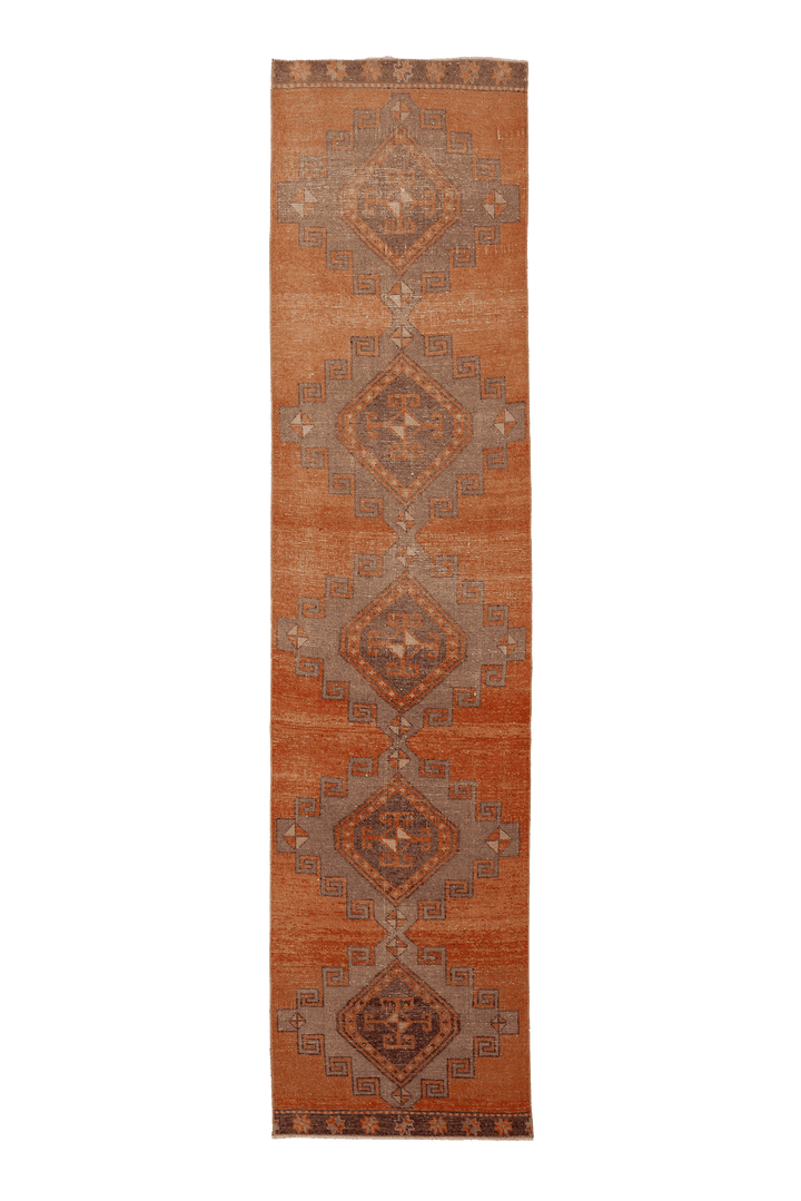 Vintage Malatya Turkish Runner Rug 3x12 ft — Orange & Brown Geometric