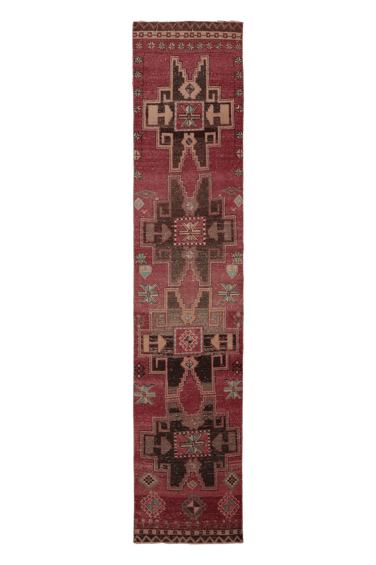 Vintage Malatya Turkish Runner Rug 3x11 ft — Red & Brown Geometric